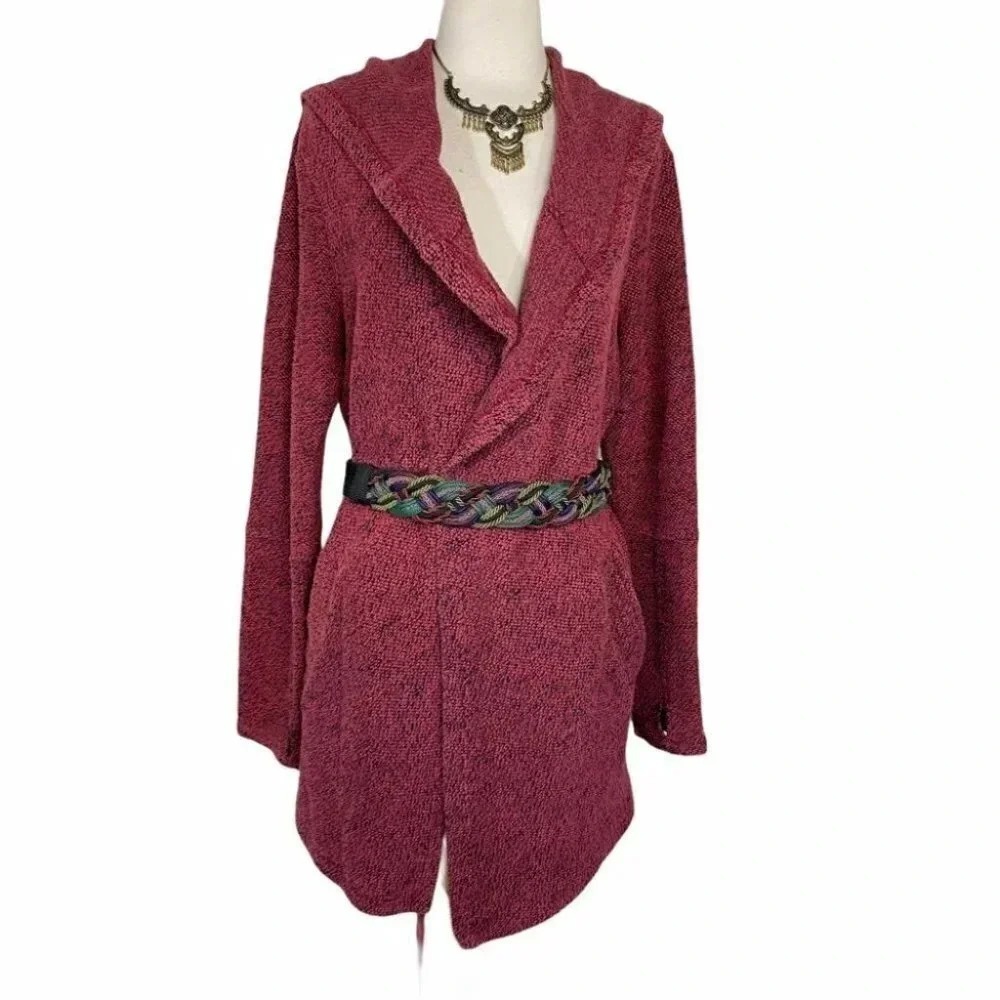 BNCI‎ Hooded Open Front Cardigan Large Burgundy Marled Knit Thumb Holes RCH002-B
